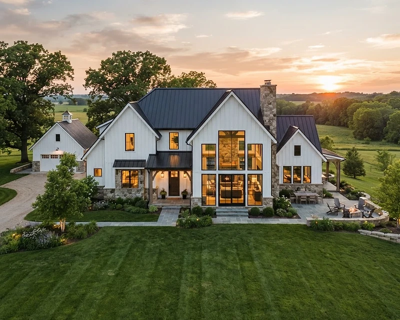 Modern luxury Midwest farmhouse at golden hour