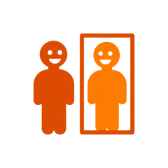 A smiling person and their smiling reflection in a mirror frame