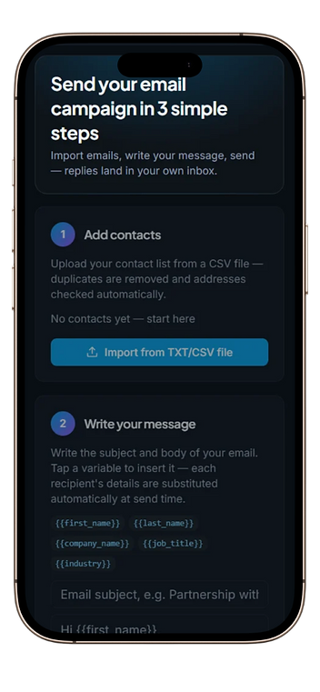 Phone mockup showing the email sending tool: import contacts, write your message, send