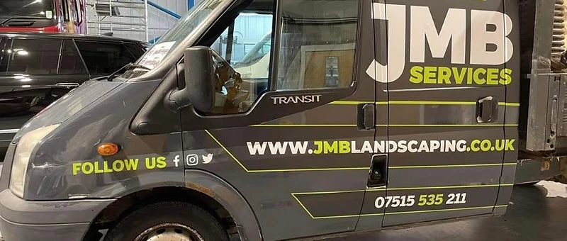 JMB Services branded works van — the fully equipped JMB landscaping team in Colne