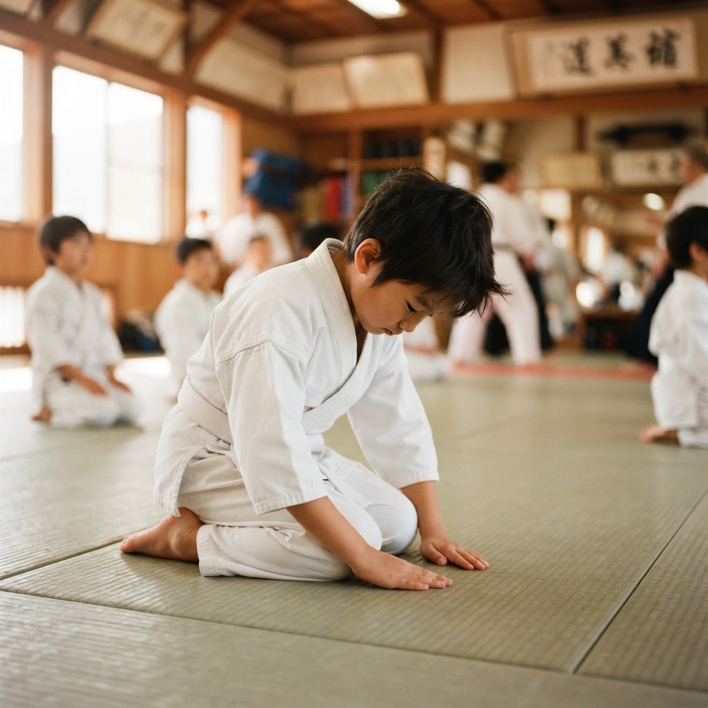 A young martial arts student bowing respectfully on the dojo mat