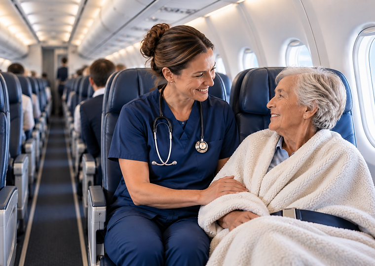 A clinician escorting a patient boarding a commercial flight
