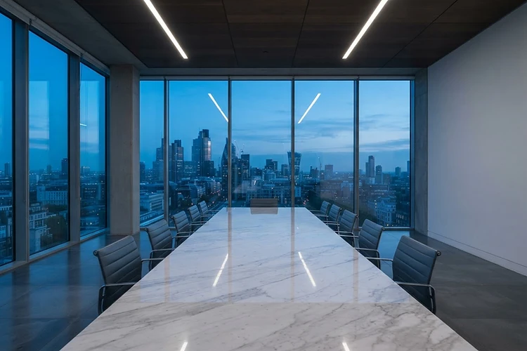Empty modern boardroom at dawn representing a calm moment before a strategic decision
