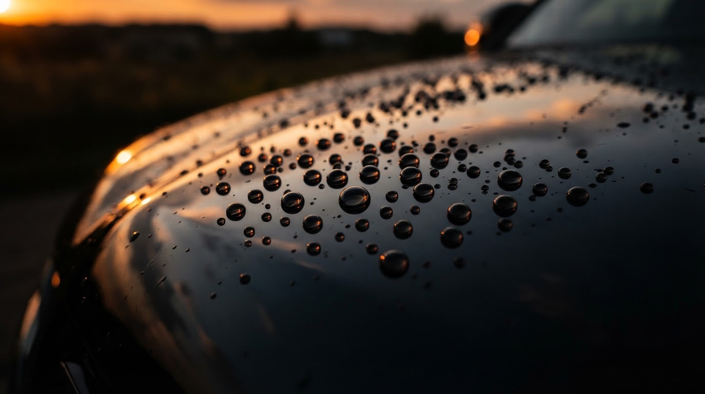 Close-up of water beading on a ceramic-coated vehicle surface after professional mobile detailing in Harnett County NC
