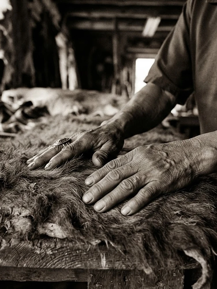 Hands touching a bison hide
