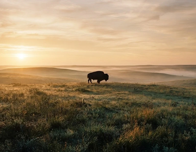 A bison on the American plains at golden hour