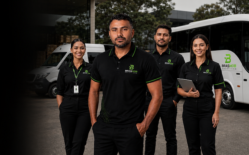 Equipe Brasmob diante de veículos identificados da empresa