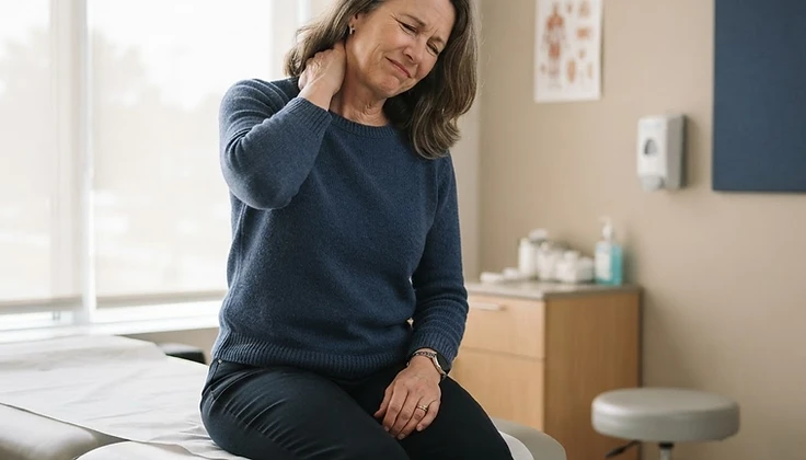 Patient with chronic neck and upper back pain seated in a medical office