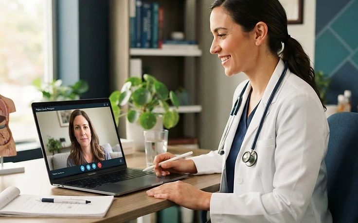 Doctor conducting a telemedicine video consultation from a medical office