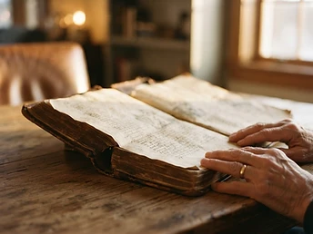 Sunlight falling across the pages of a well-worn book