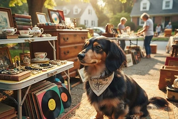 SaleHound mascot sniffing out treasures at a garage sale