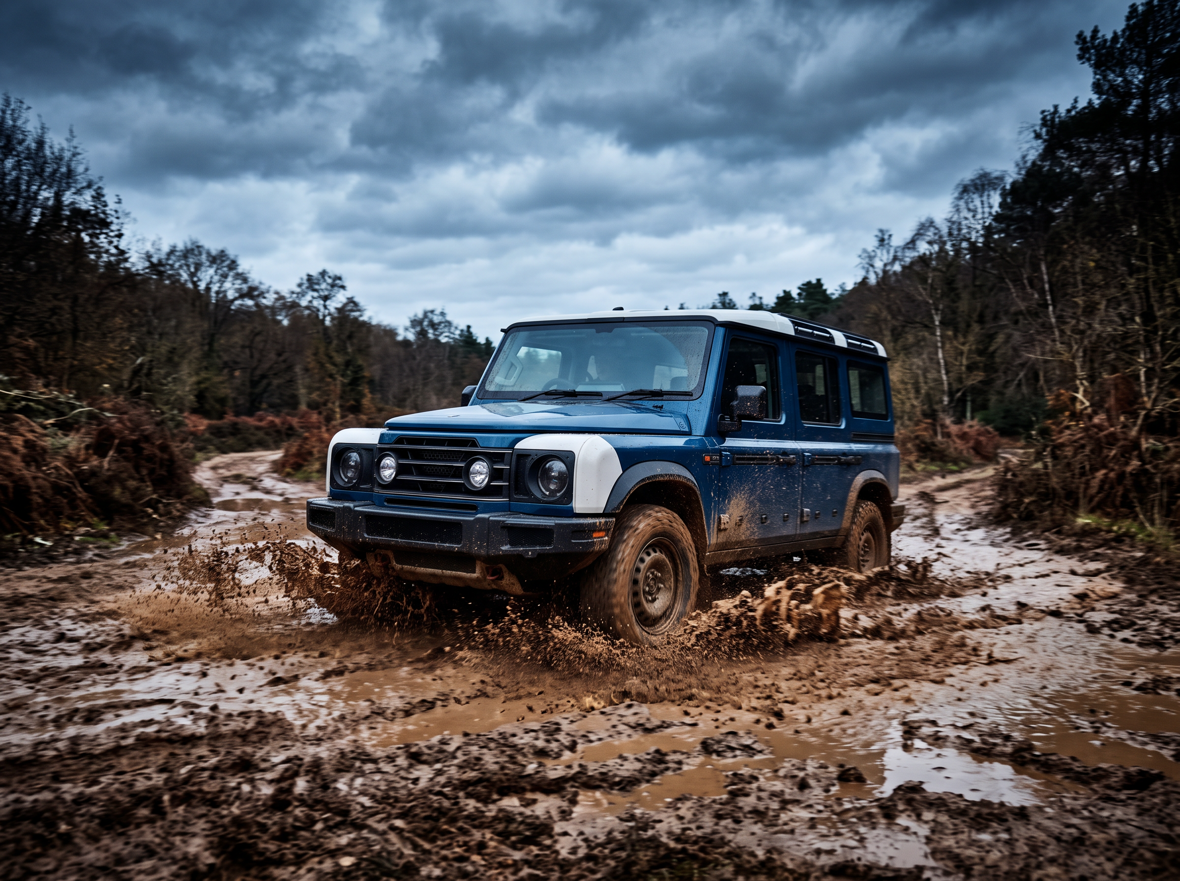INEOS Grenadier powering through a muddy off-road trail