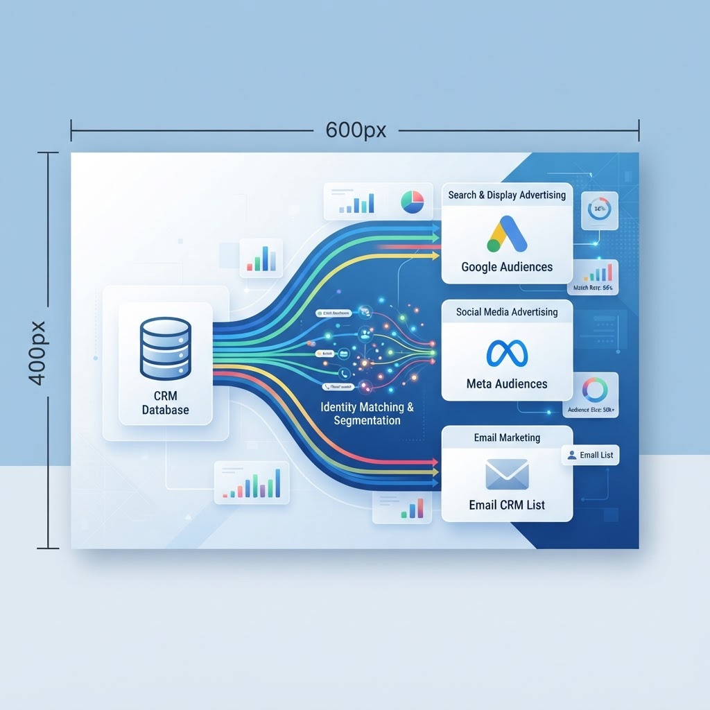 CRM Customer Match dashboard connecting first-party data to ad platform audiences
