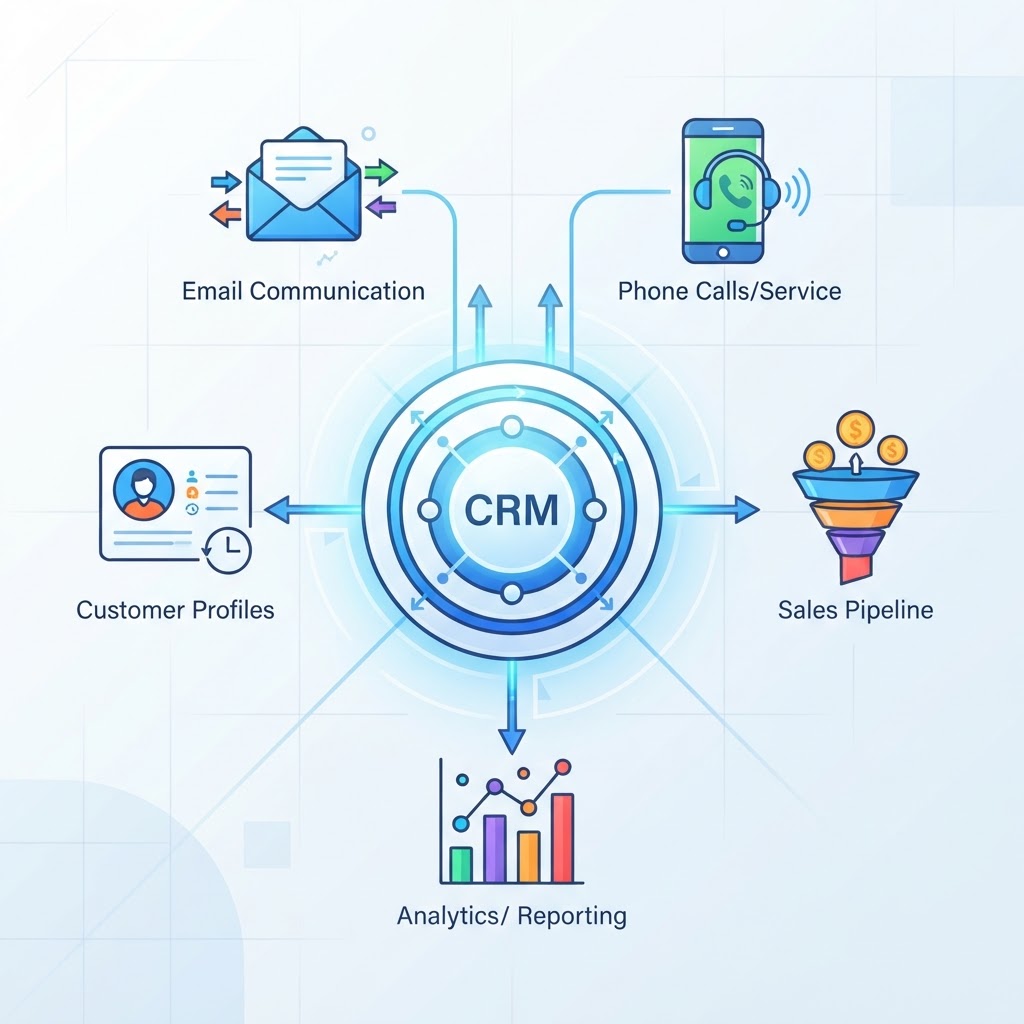 Diagram illustrating how a CRM centralizes customer data from multiple channels into one unified view