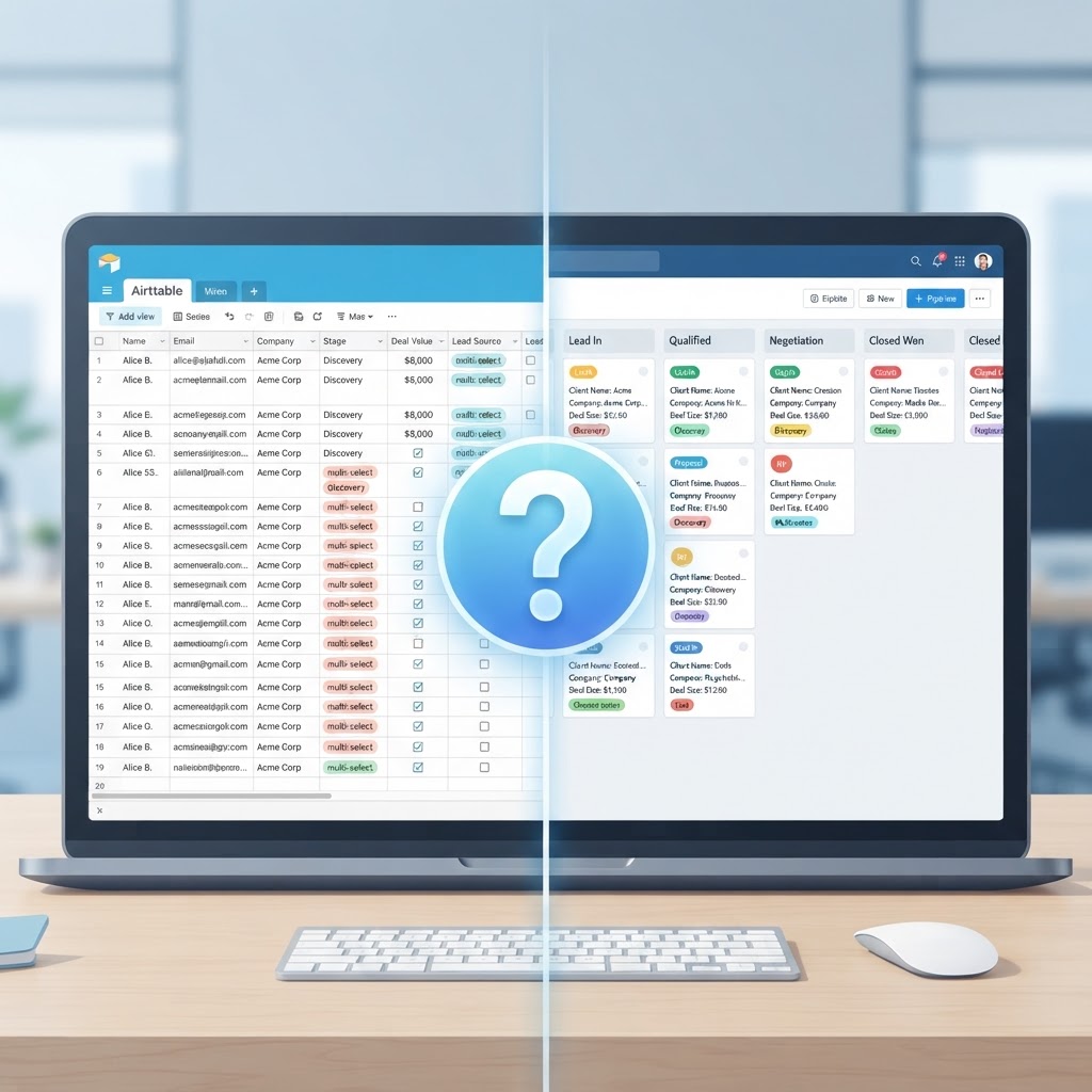 Airtable grid view compared to a CRM pipeline board illustrating the question of whether Airtable can replace a CRM Airtable grid view compared to a CRM pipeline board illustrating the question of whether Airtable can replace a CRM