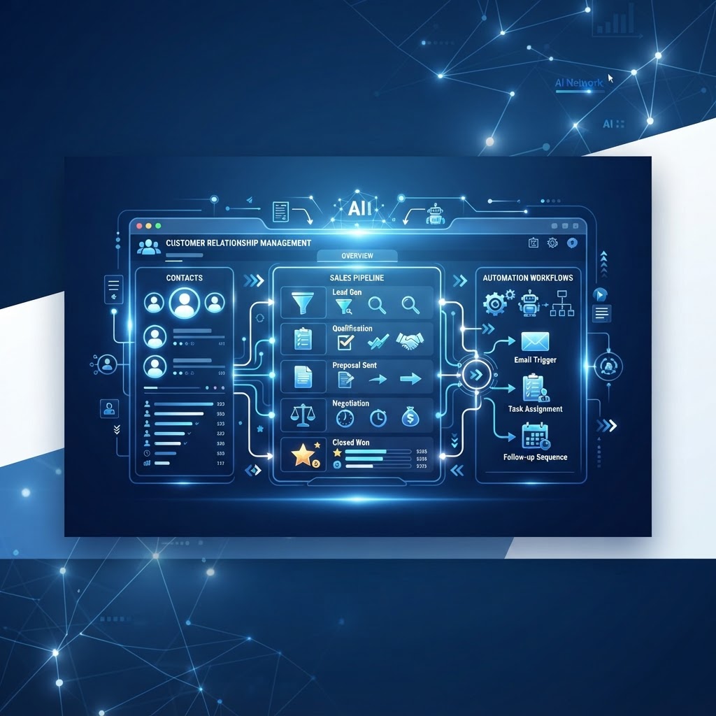 CRM dashboard showing pipeline stages and AI automation for businesses of all sizes