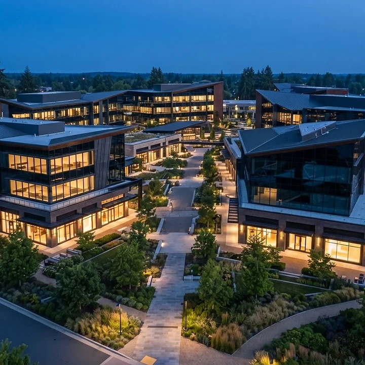 Modern office park at twilight