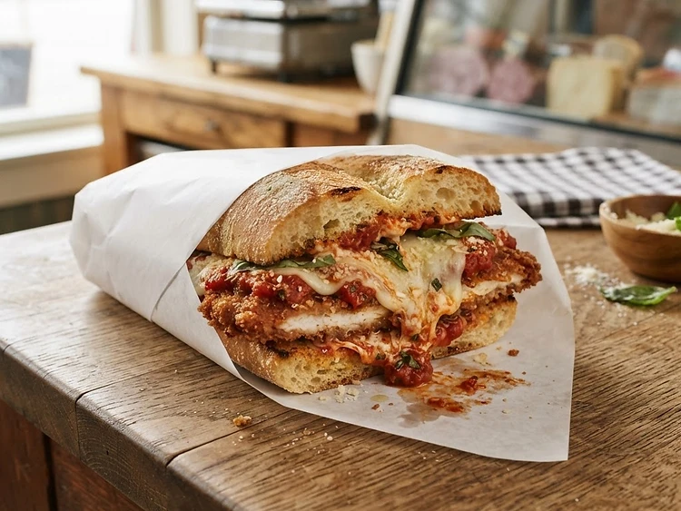 Chicken parmesan sandwich with a breaded cutlet, marinara and melted provolone on Italian bread
