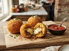 Golden arancini rice balls with a marinara dipping sauce