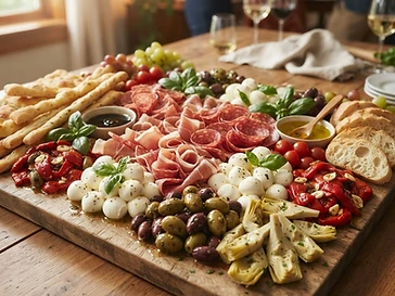 Italian antipasto platter with folded cured meats, fresh mozzarella, olives and marinated vegetables