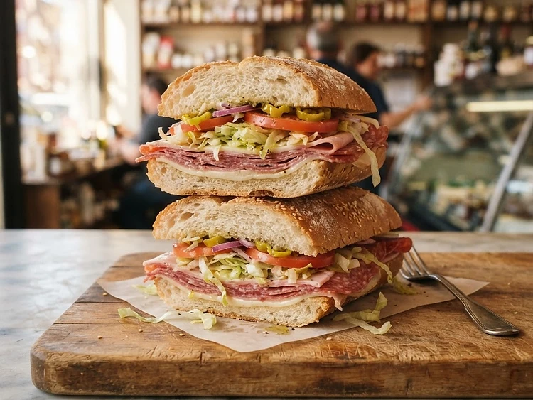 Traditional Italian sub sandwich with layers of salami, capicola, mortadella and provolone on a wooden board