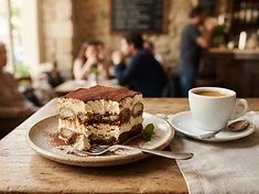 Slice of tiramisu beside a cup of espresso