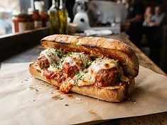 Meatball parmesan sub with melted provolone on a toasted Italian roll