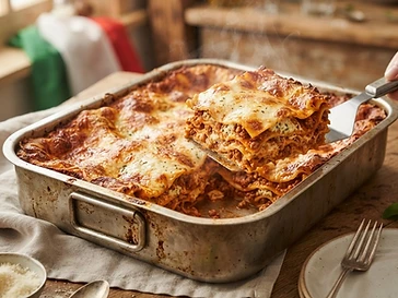 Homemade lasagna in a catering tray with golden melted cheese