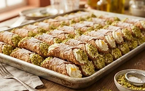 Tray of cannoli filled with sweet ricotta and crushed pistachios