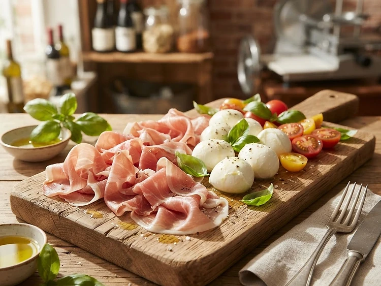 Sliced prosciutto with fresh mozzarella, basil and cherry tomatoes on a wooden board