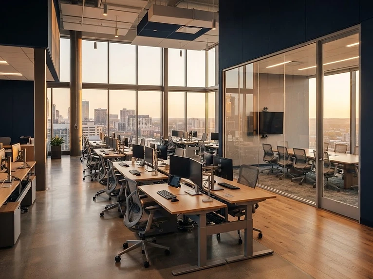 Furnished modern office at golden hour