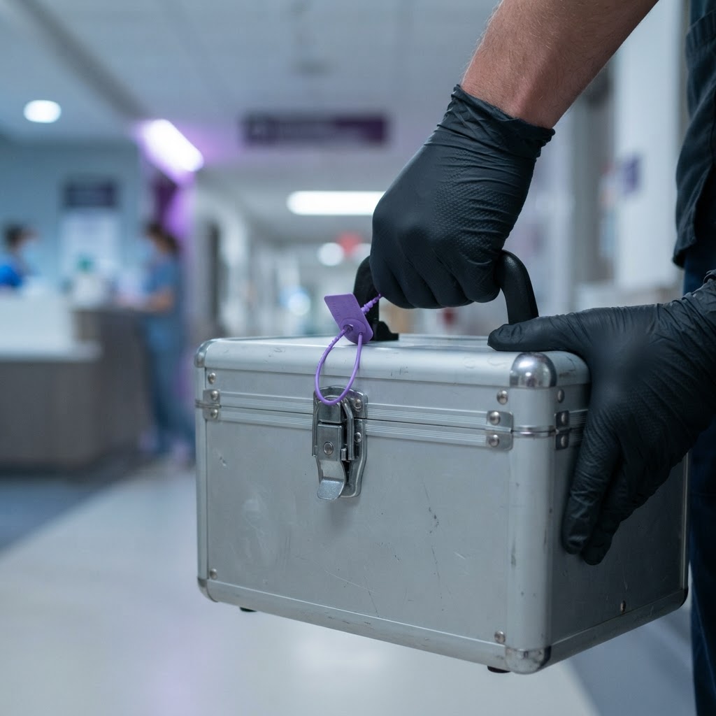 Gloved courier hands carrying a sealed silver medical transport cooler with a purple security seal