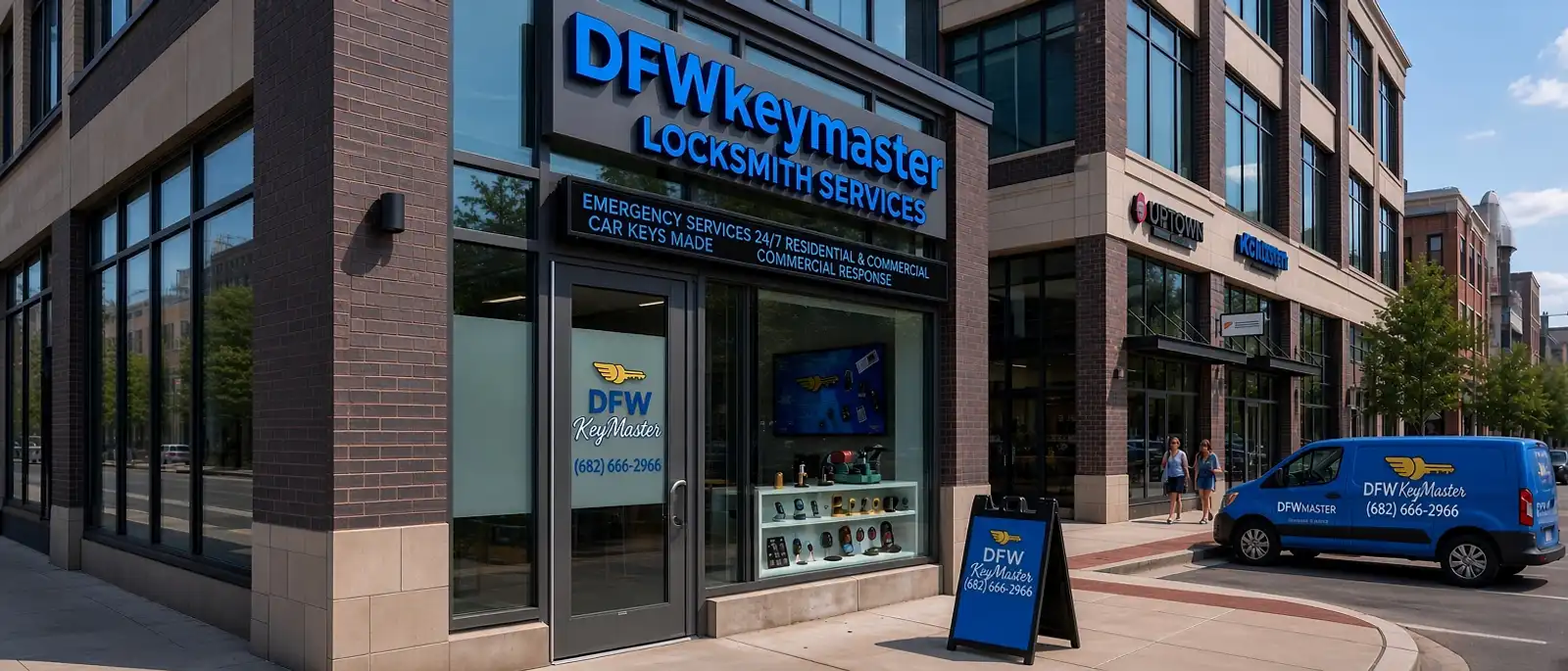 911 Locksmith and Security locksmith storefront with 24/7 emergency services signage