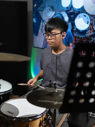 Drums at Catalyst Music Lab, monochrome