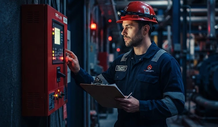 Técnico inspeccionando panel de control contra incendios
