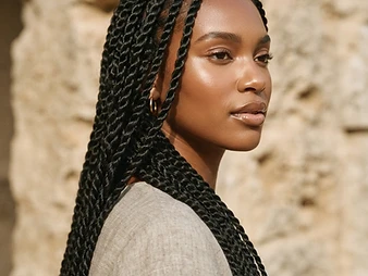 Close-up of long Senegalese twist braids with smooth rope-like texture