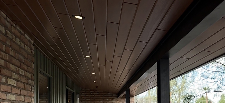 Covered patio wood-plank ceiling