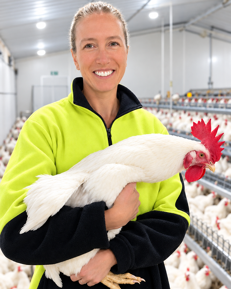 A flock. veterinarian examining a healthy hen in the field