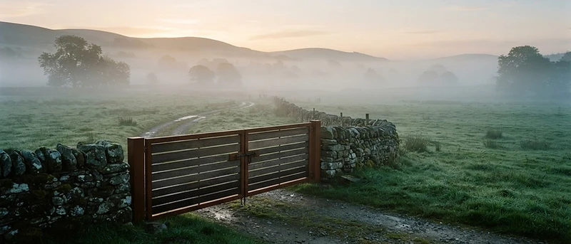 A pristine pasture under heavy mist at dawn, with a modern farm gate