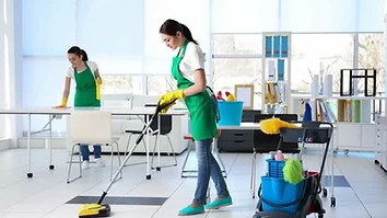 Professional cleaners cleaning a bright modern office