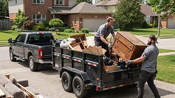 Workers loading debris into a double-axle trailer
