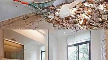Renovation debris cleared and a finished modern bathroom