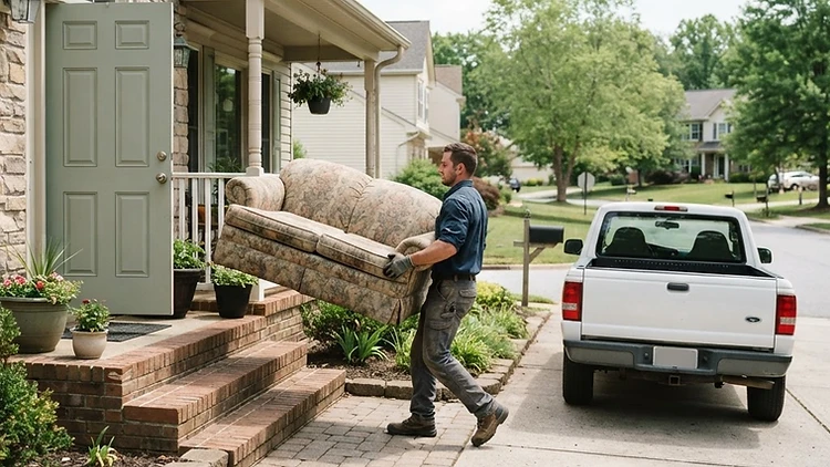 Junk removal crew loading furniture into a pickup truck