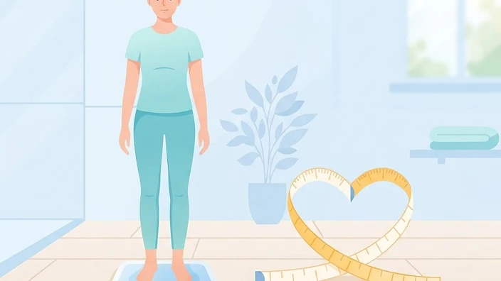 A person on a bathroom scale with a tape measure forming a heart