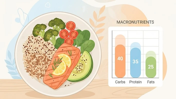 A balanced nutrition plate next to a macro breakdown chart