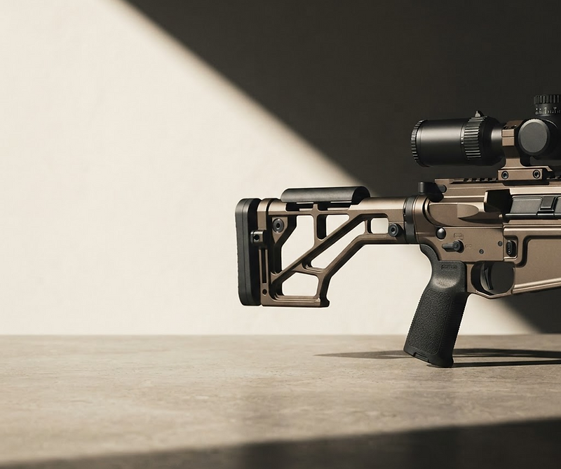 Precision sporting rifle in a warm, high-contrast studio setting