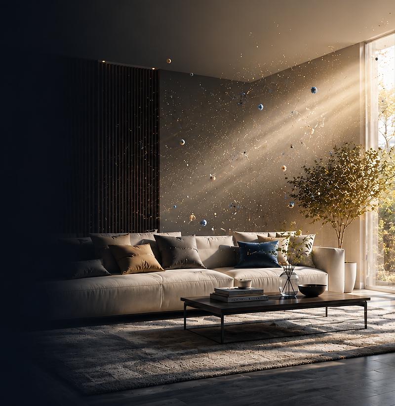 Sunlit minimalist living room with floating particles in the air