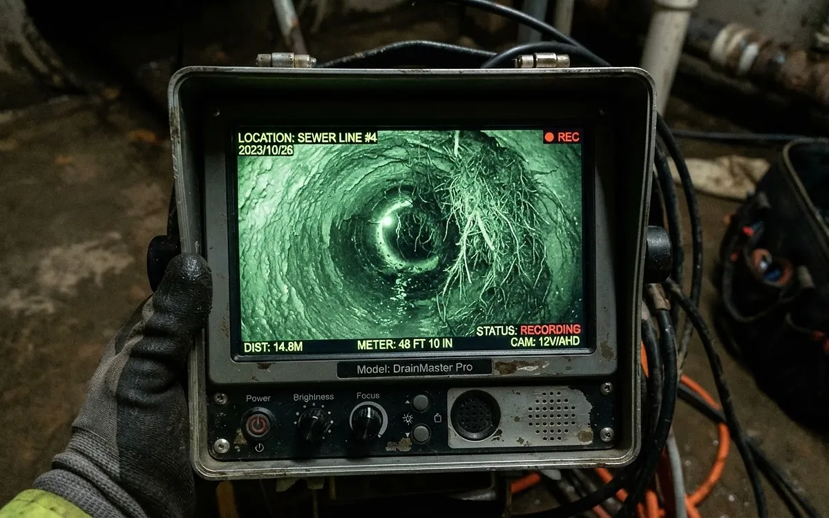 CCTV drain camera being fed into a sewer inspection opening