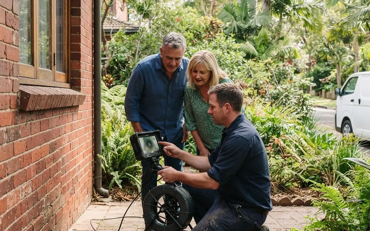 Plumber showing a couple the live CCTV drain camera footage on a monitor outside their home