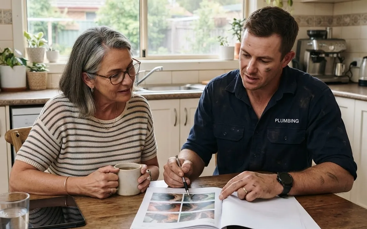 Plumber walking a homeowner through a CCTV drain report at the kitchen table